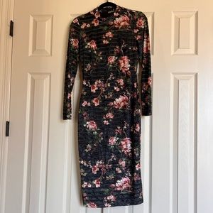 Rachel Roy Black Floral Long Sleeve MIDI Body Con Dress